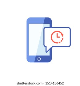Smartphone or phone receiving message icon with clock sign, countdown, deadline, schedule, planning symbol