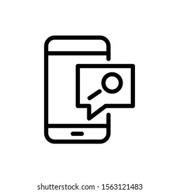 Smartphone or phone receiving message icon with research sign, vector icon in line art style on white background, explore, find, inspect symbol