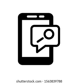 Smartphone or phone receiving message icon with research sign, vector icon in black flat design on white background, explore, find, inspect symbol