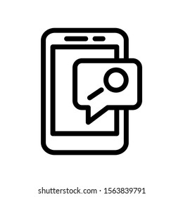 Smartphone or phone receiving message icon with research sign, vector icon in line art style on white background, explore, find, inspect symbol