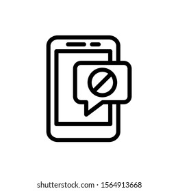 Smartphone or phone receiving message icon with not allowed sign in line art style on white background