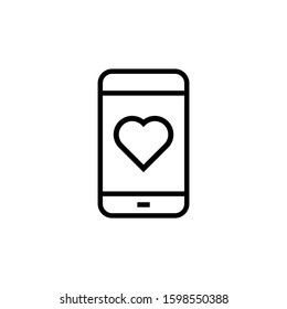 Smartphone or phone receiving message icon with heart sign, favorite, like, love, care symbol in outline style on white background,