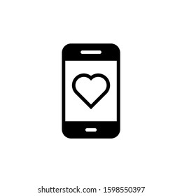 Smartphone or phone receiving message icon with heart sign, favorite, like, love, care symbol in black flat designe on white background,