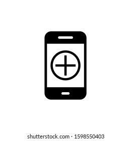 Smartphone or phone receiving message icon with add sign, new, plus, positive symbol in black flat design on white background,