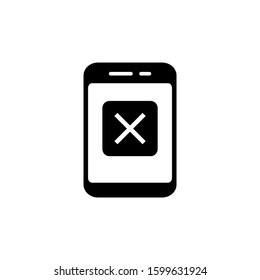 Smartphone or phone receiving message icon with cancel sign, close, delete, remove symbol in black flat design on white background,