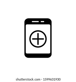 Smartphone or phone receiving message icon with add sign, new, plus, positive symbol in black flat design on white background,