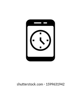 Smartphone or phone receiving message icon with clock sign, countdown, deadline, schedule, planning symbol in black flat design on white background,