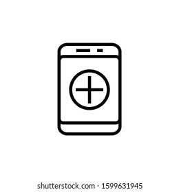 Smartphone or phone receiving message icon with add sign, new, plus, positive symbol in outline style on white background,
