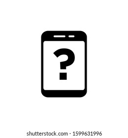 Smartphone or phone receiving message icon with question mark, help, how to, info, query symbol in black flat design on white background,