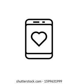 Smartphone or phone receiving message icon with heart sign, favorite, like, love, care symbol in outline style on white background,