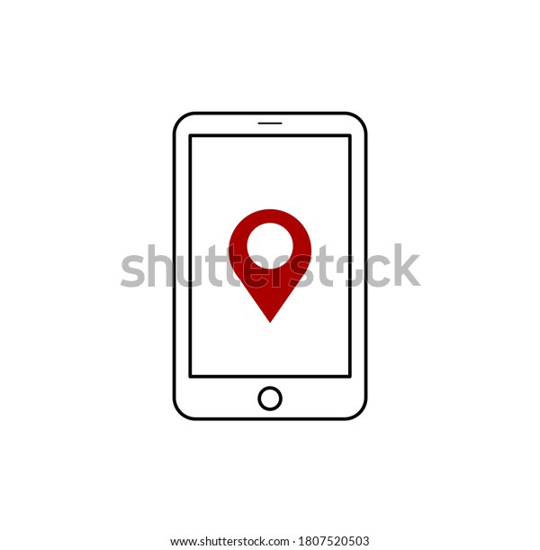 Smartphone with phone screen and a red GPS dot,\
isolated on a white background. Vector illustration of location\
search.
