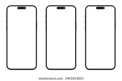 Smartphone phone set on white background isolated. 3 modern mobile phones. 3D mobile phone with empty screens. Smartphone mockup front view white screen svg