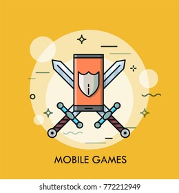 Smartphone or phone with shield on screen against crossed swords on background. Concept of mobile strategic games, gaming application. Modern colorful vector illustration for banner, poster, website.