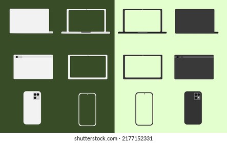 smartphone or phone, tablet and laptop set isolated on two kind of green background, Device mockup template with Flat style stock vector illustration