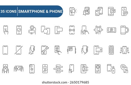Smartphone and Phone Web Icons Set in Line or outline Style related to Smartphone and Phone. Icons For Web and Mobile Apps. Linear icons collection. Editable strokes. Vector illustration.