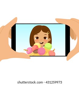 Smartphone photo of cute girl with ice cream cones. Fun happy kid holds a lot of ice cream. Cartoon stylized vector illustration of a photo on smartphone of joyful child with ice cream.