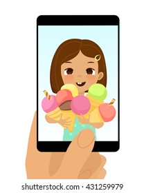 Smartphone photo of cute girl with ice cream cones. Fun happy kid holds a lot of ice cream. Cartoon stylized vector illustration of a photo on smartphone of joyful child with ice cream.