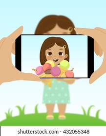 Smartphone Photo Of Cute Girl With Ice Cream Cones. Taking Photo Of A Kid Holding A Lot Of Ice Cream. Cartoon Stylized Vector Illustration. Portrait Photo On Smartphone Of Joyful Child With Ice Cream.