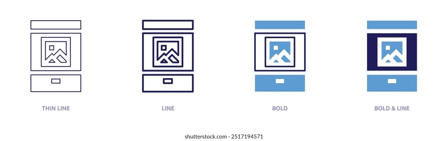 Ícone de foto de smartphone em 4 estilos diferentes. Linha fina, Linha, Negrito e Linha Negrito. Estilo duotônico. Traçado editável.