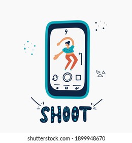 Smartphone photo shoot hand drawn vector illistration. Photo on  mobile camera with character in doodle style, colorful screen with woman for taking pictures on the phone, hand lettering