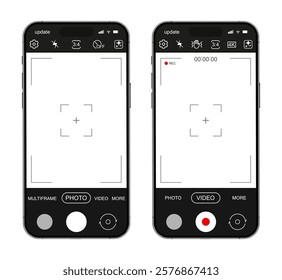 Smartphone photo and video camera interface mockup with record button, grid, focus and function icons