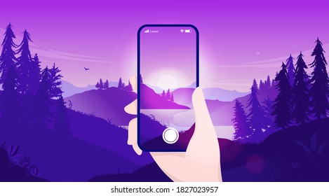 Fotografía de Smartphone - Persona tomando fotos de hermosos paisajes naturales con teléfono móvil. Captura de belleza, aplicación móvil y concepto de fotógrafo. Ilustración vectorial.