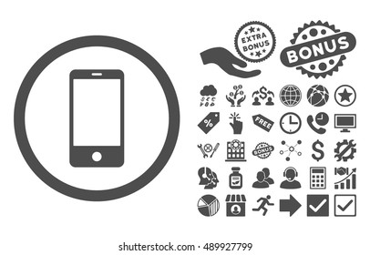Smartphone pictograph with bonus pictograph collection. Vector illustration style is flat iconic symbols, gray color, white background.