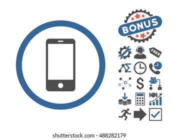 Smartphone pictograph with bonus design elements. Vector illustration style is flat iconic bicolor symbols, cobalt and gray colors, white background.