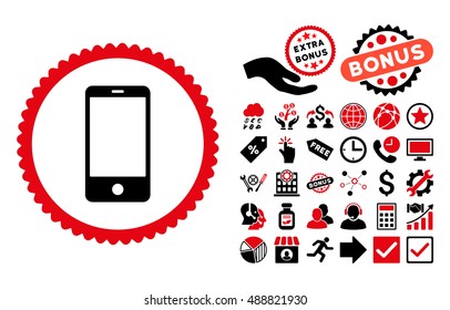 Smartphone pictograph with bonus icon set. Vector illustration style is flat iconic bicolor symbols, intensive red and black colors, white background.