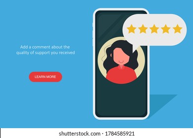 Smartphone with picture girls on screen and text bubble with five stars. Concept of a web page for product and service reviews