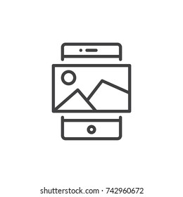 Smartphone with picture line icon, outline vector sign, linear style pictogram isolated on white. Mobile phone and photo symbol, logo illustration. Editable stroke