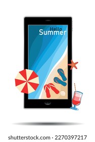 Smartphone with picture of sea coast, beach with umbrella. The concept of online booking, ordering online summer beach tours in the holiday season, sites advertising, summer weekends, e-commerce, sale