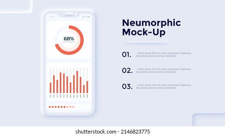 Smartphone with pie chart and percent indicator on screen. Concept of mobile application for business indicators. Modern neumorphic design mock-up. Minimal vector illustration for company website