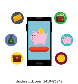 smartphone with piggy savings and ecommerce icons