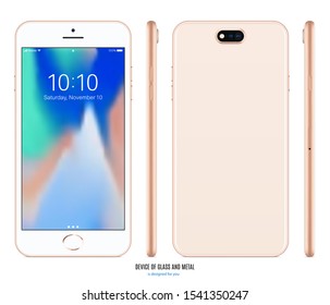 smartphone pink color with colored touch screen saver front, back and side view isolated on white background. realistic and detailed mobile phone mockup. stock vector illustration