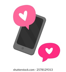 Smartphone and pink messages with heart icon. Cute simple illustration for valentine's day card, white background.	