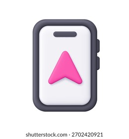 Smartphone with pink navigation arrow on the screen. GPS, direction, location, geotag and map app concept. 3d vector icon. Cartoon minimal style.