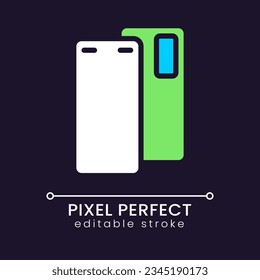 Smartphone pixel perfect RGB color icon for dark theme. Mobile device for communication. Cellphone model. Simple filled line drawing on night mode background. Editable stroke. Poppins font used