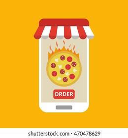 Smartphone with pizza on the screen. Order fast food concept. Flat vector illustration.
