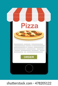 Smartphone with pizza on the screen. Order fast food concept. Flat vector illustration.