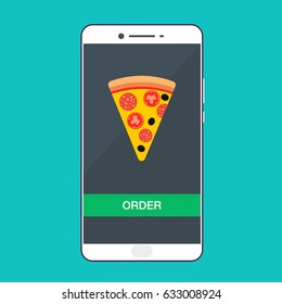 Smartphone with pizza on the screen. Order fast food concept. Flat vector illustration