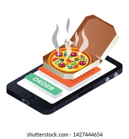 Smartphone pizza order icon. Isometric of smartphone pizza order vector icon for web design isolated on white background