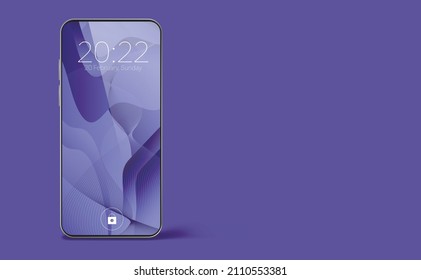 The smartphone is placed vertically, with a pattern on the screen showing the time of 20 hours 22 minutes against a purple background. copy space. Vector illustration