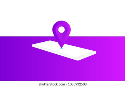 Smartphone in plane area with navigation pin at the center of the screen on violet background
