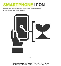 Smartphone and plant icon vector with glyph style isolated on white background. Vector illustration handphone sign symbol icon concept for digital farming, logo, agriculture, apps and all project