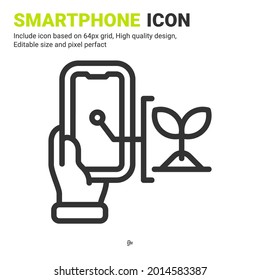 Smartphone And Plant Icon Vector With Outline Style Isolated On White Background. Vector Illustration Handphone Sign Symbol Icon Concept For Digital Farming, Logo, Agriculture, Apps And All Project