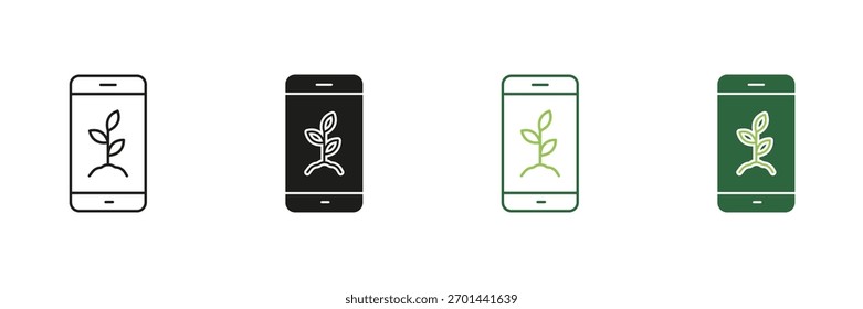 Smartphone Con Línea De Planta Y Conjunto De Iconos Sólidos. Agricultura Digital, Tecnología Ecológica, Agricultura Sostenible. Innovación Móvil En Monitoreo Ambiental. Ilustración vectorial aislada.