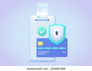 Smartphone, plastic credit card and shield vector illustration. Smart phone icon 3d. Online payment, safe money transfer concept for landing page, web, mobile app, poster, banner, flyer.