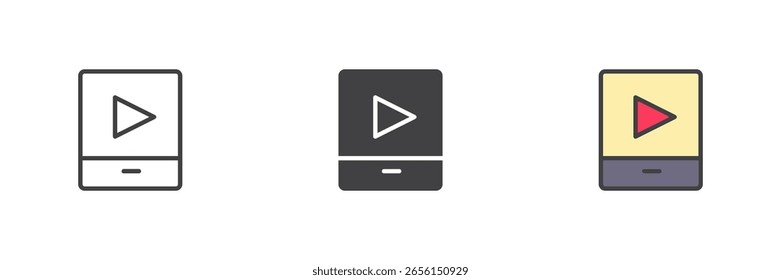 Smartphone with play button different style icon set. Includes line, solid and filled outline icon. Mobile video vector sign, digital media symbol and icon.