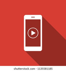 Smartphone with play button on the screen icon isolated with long shadow. Flat design. Vector Illustration